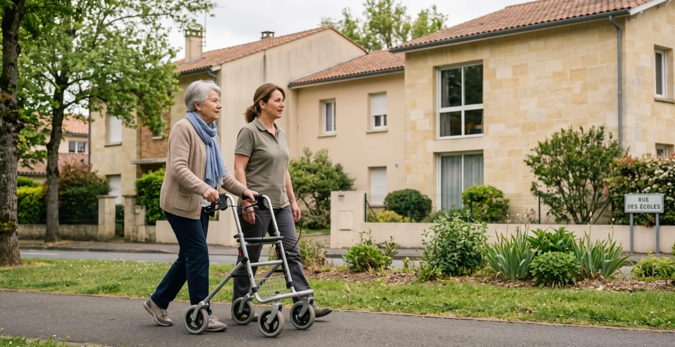 Femme senior de 80 ans marchant sur trottoir urbain avec déambulateur, accompagnée par une aide professionnelle, architecture résidentielle bordelaise en arrière-plan, lumière naturelle douce