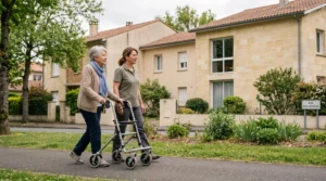 Femme senior de 80 ans marchant sur trottoir urbain avec déambulateur, accompagnée par une aide professionnelle, architecture résidentielle bordelaise en arrière-plan, lumière naturelle douce