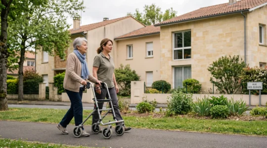 Femme senior de 80 ans marchant sur trottoir urbain avec déambulateur, accompagnée par une aide professionnelle, architecture résidentielle bordelaise en arrière-plan, lumière naturelle douce