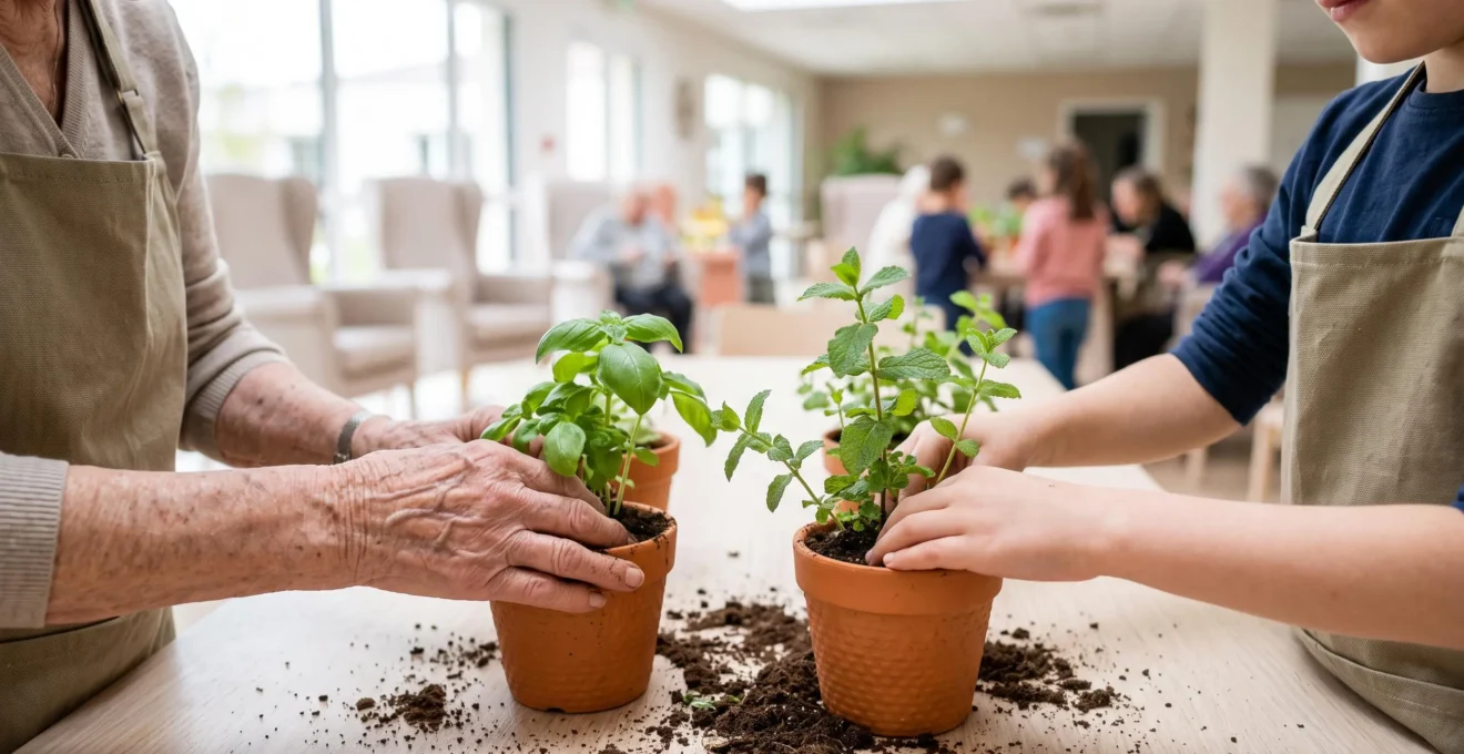 Gros plan sur mains d'une femme senior et d'un enfant manipulant ensemble terreau et plants aromatiques dans pots en terre cuite sur table bois clair, salle d'activités EHPAD lumineuse en arrière-plan flouté