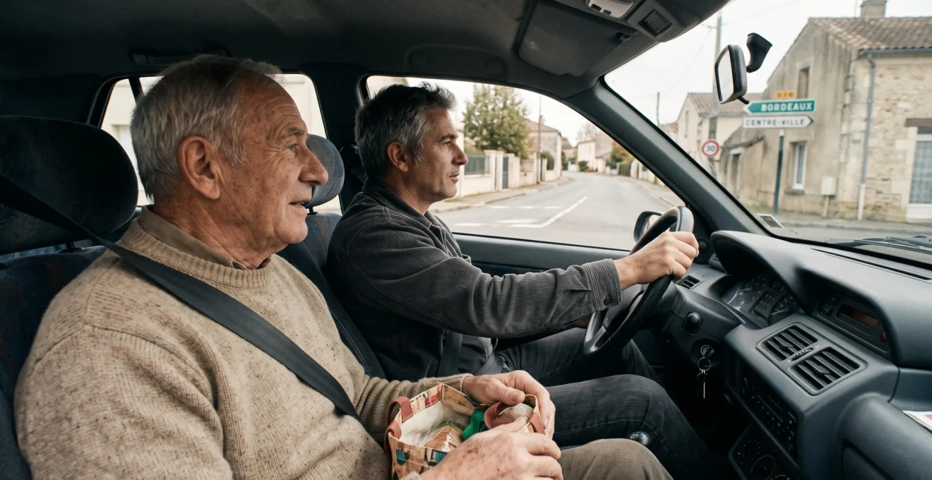 Intérieur d'une voiture compacte française, homme senior de 78 ans assis côté passager accompagné d'un conducteur, rue résidentielle visible par le pare-brise, lumière naturelle après-midi