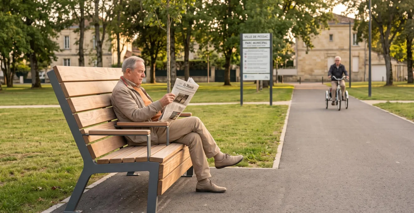 Parc public à Pessac, banc ergonomique contemporain bois et métal avec homme senior de 82 ans assis lisant un journal, piste cyclable élargie avec cycliste au loin, végétation soignée et lumière dorée fin d'après-midi